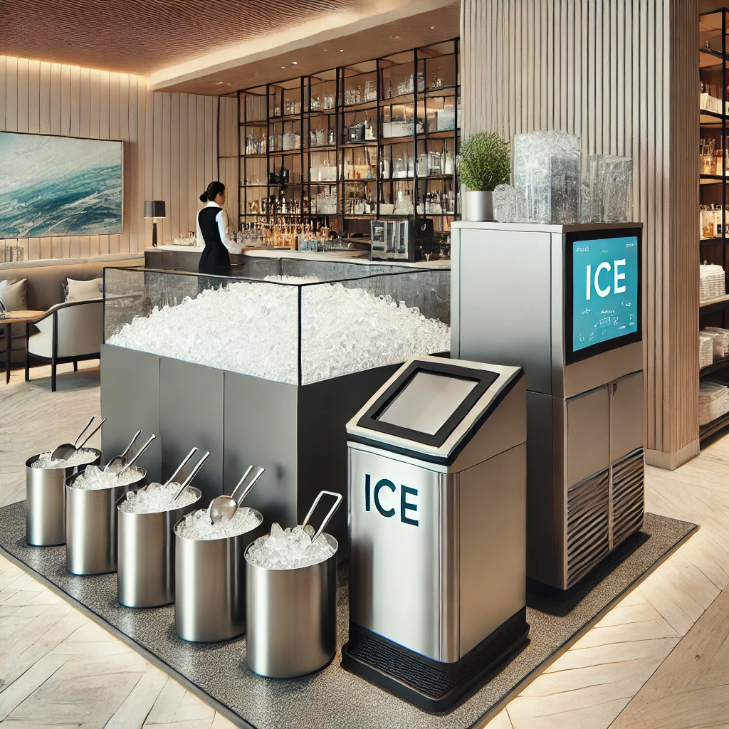 A modern hotel ice storage and dispensing station featuring a sleek stainless steel ice storage bin, a floor dispenser, and neatly arranged ice buckets with scoops, set in a well-lit hotel lobby with minimalist decor