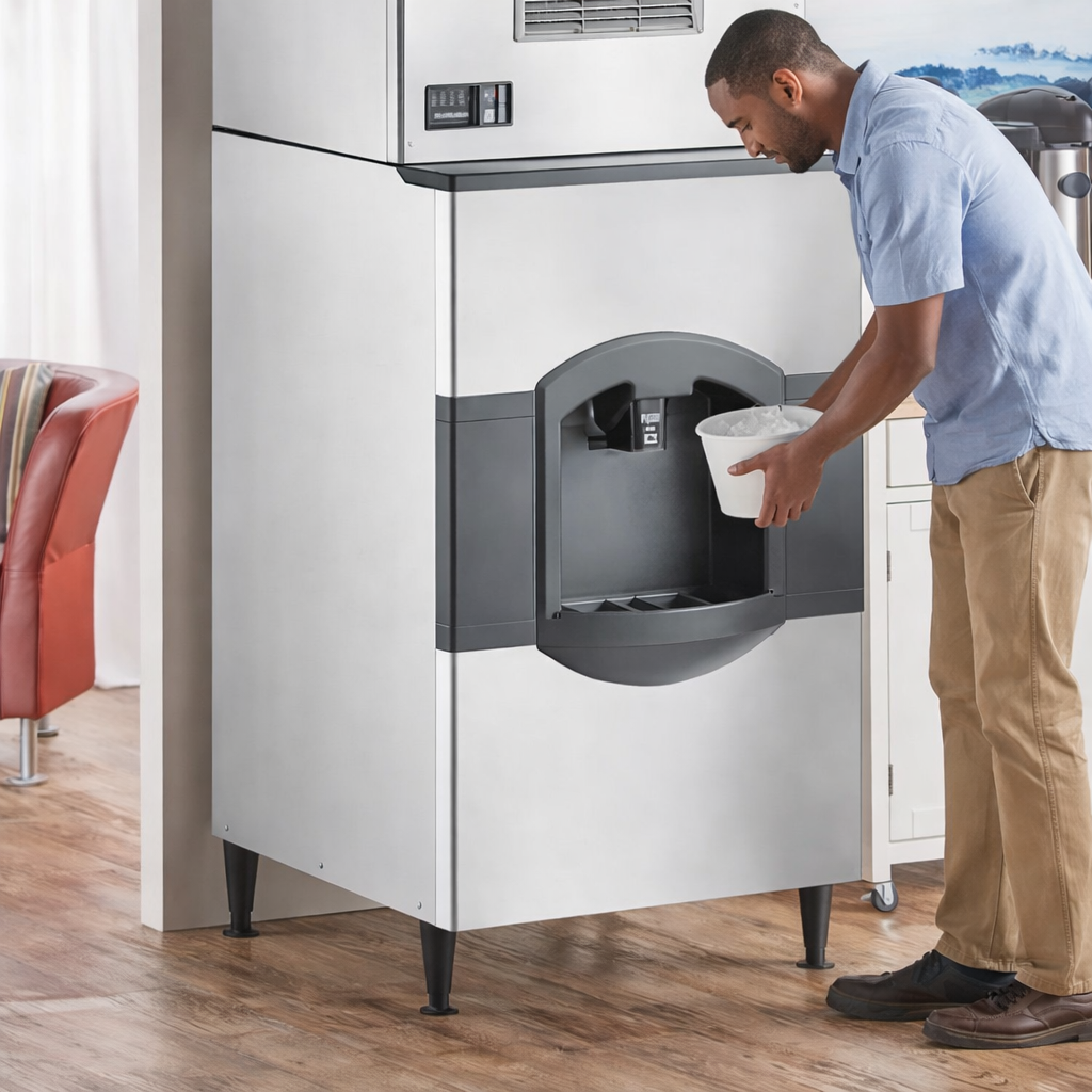 A man retrieving ice into an ice bucket
