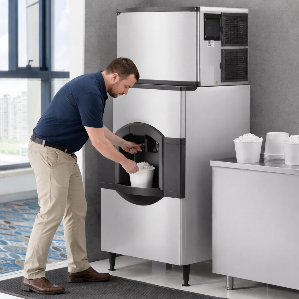 A hotel guest filling his ice bucket at an ice machine